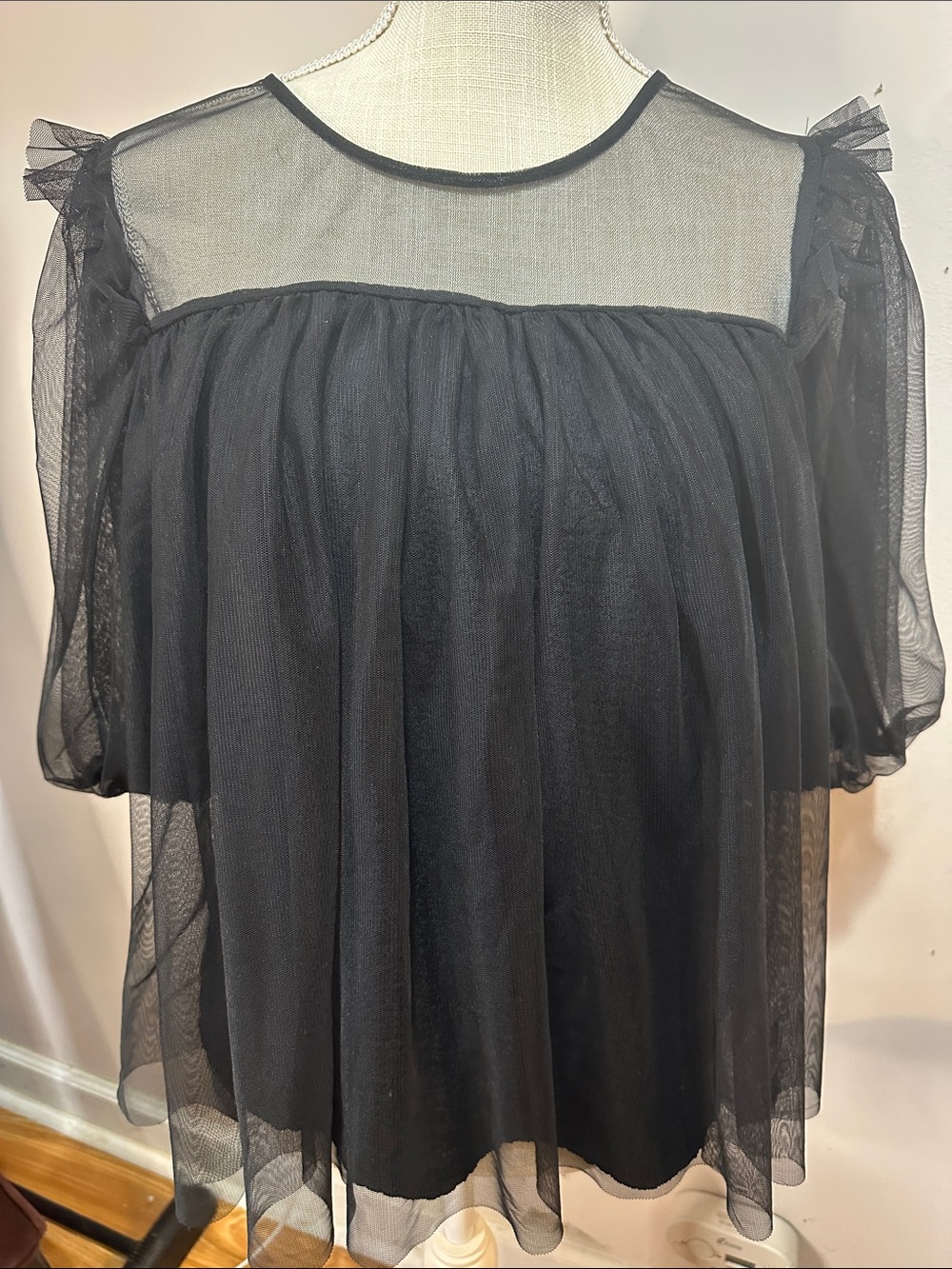 Black Sheer Overlay Puff Sleeve Top - Women